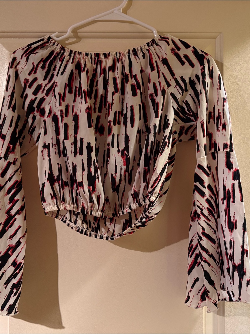 White Printed Summer Crop Top with Long Sleeves